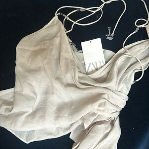 NWT Zara Grey Flowy Beaded Tassel Top Size Small